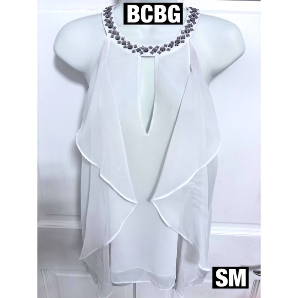 BCBGMAXAZRIA white Rhinestone Collar Ruffled Front Sides New with tags - Picture 1 of 12